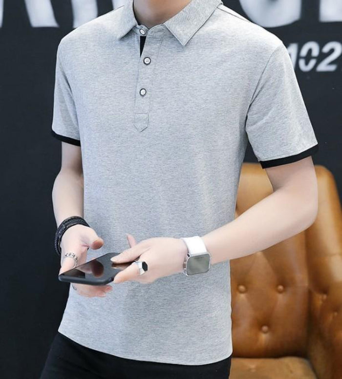 Slim-Fit Short-Sleeve Polo Shirt for Men: light gray, black short-sleeve polo shirt, minimal casual style