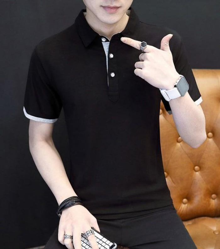 Slim-Fit Short-Sleeve Polo Shirt for Men: light gray, black short-sleeve polo shirt, minimal casual style