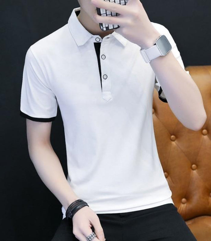 Slim-Fit Short-Sleeve Polo Shirt for Men: light gray, black short-sleeve polo shirt, minimal casual style