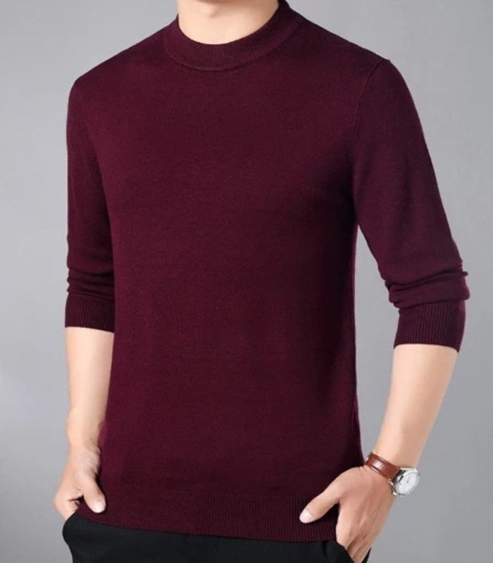 Slim Fit Sweater for Men with Round Neck: black long-sleeve high-neck shirt, minimal style
