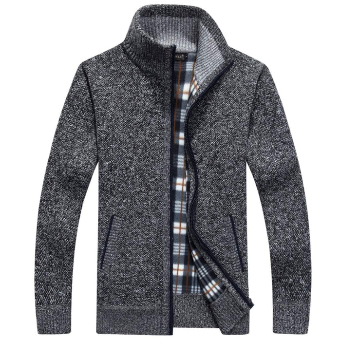 Slim Fit Zipper Cardigan for Men with Stand-Up Collar: heather gray, black zip-front sweater jacket, casual style