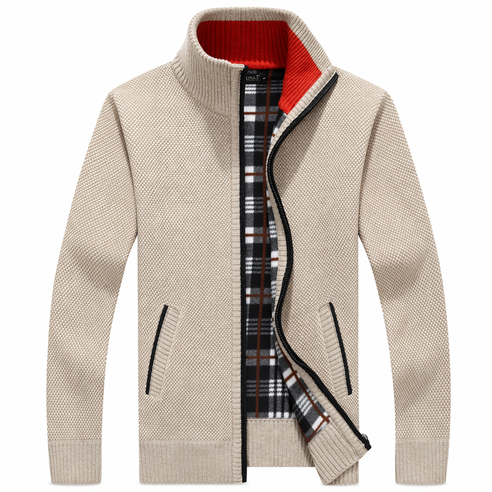 Slim Fit Zipper Cardigan for Men with Stand-Up Collar Beige