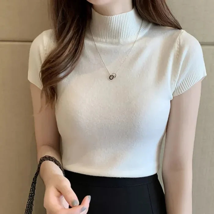 Slim Fitting Short Sleeve Turtle Neck Knitted Top for Women: white, cream short-sleeve turtleneck top, minimal style