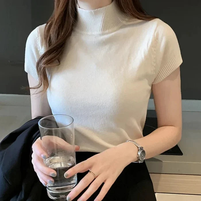 Slim Fitting Short Sleeve Turtle Neck Knitted Top for Women: white, cream short-sleeve turtleneck top, minimal style