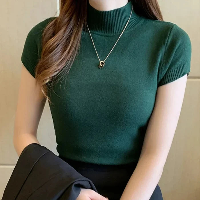 Slim Fitting Short Sleeve Turtle Neck Knitted Top for Women: white, cream short-sleeve turtleneck top, minimal style