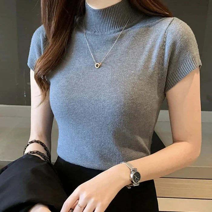 Slim Fitting Short Sleeve Turtle Neck Knitted Top for Women: white, cream short-sleeve turtleneck top, minimal style