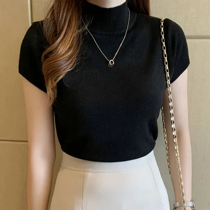 Slim Fitting Short Sleeve Turtle Neck Knitted Top for Women: white, cream short-sleeve turtleneck top, minimal style
