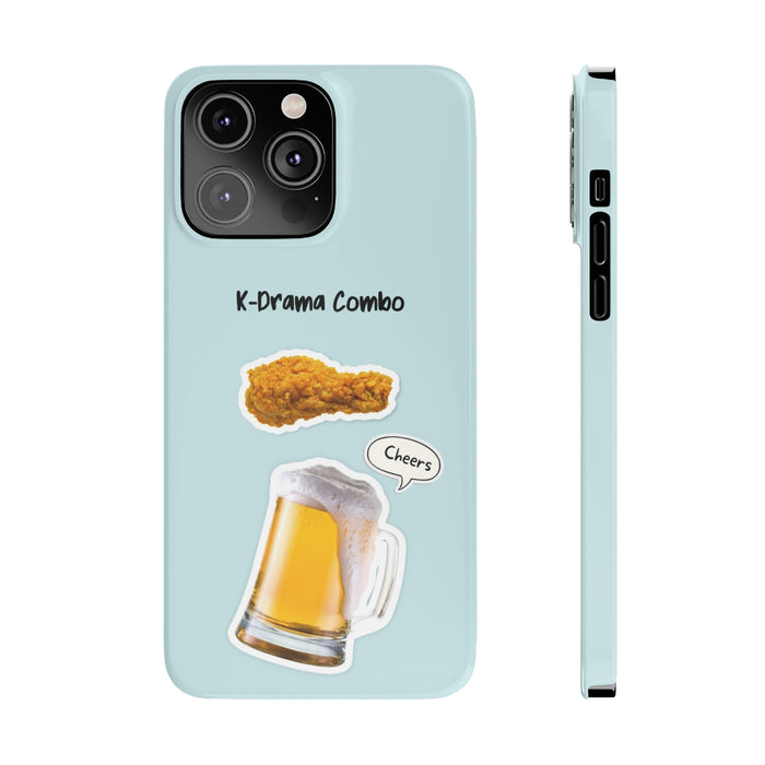 Slim iPhone 14, 14 PRO, 14 PRO MAX Case for Crispy Chicken and Brew Lovers: light blue, black K-drama-themed food and beer il