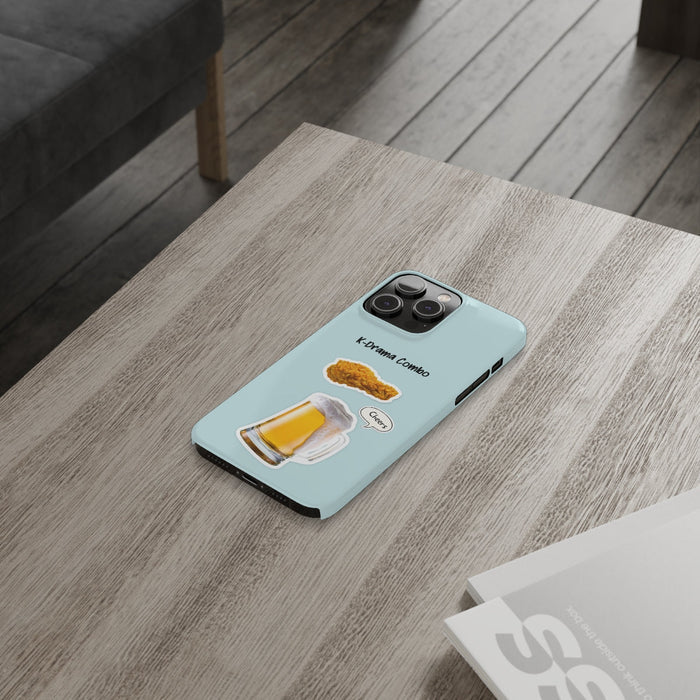 Slim iPhone 14, 14 PRO, 14 PRO MAX Case for Crispy Chicken and Brew Lovers: light blue, black K-drama-themed food and beer il