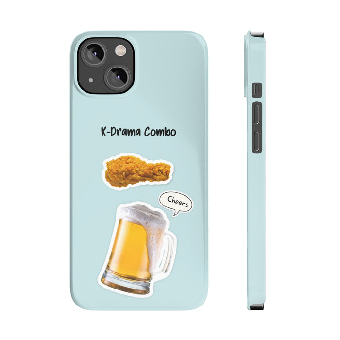 Slim iPhone 14, 14 PRO, 14 PRO MAX Case for Crispy Chicken and Brew Lovers: light blue, black K-drama-themed food and beer il