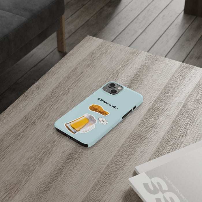 Slim iPhone 14, 14 PRO, 14 PRO MAX Case for Crispy Chicken and Brew Lovers: light blue, black K-drama-themed food and beer il
