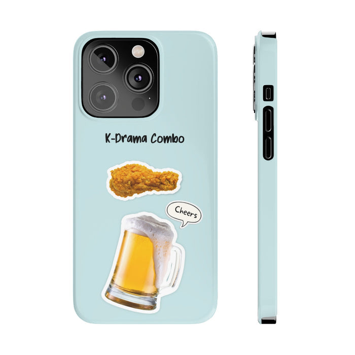 Slim iPhone 14, 14 PRO, 14 PRO MAX Case for Crispy Chicken and Brew Lovers: light blue, black K-drama-themed food and beer il