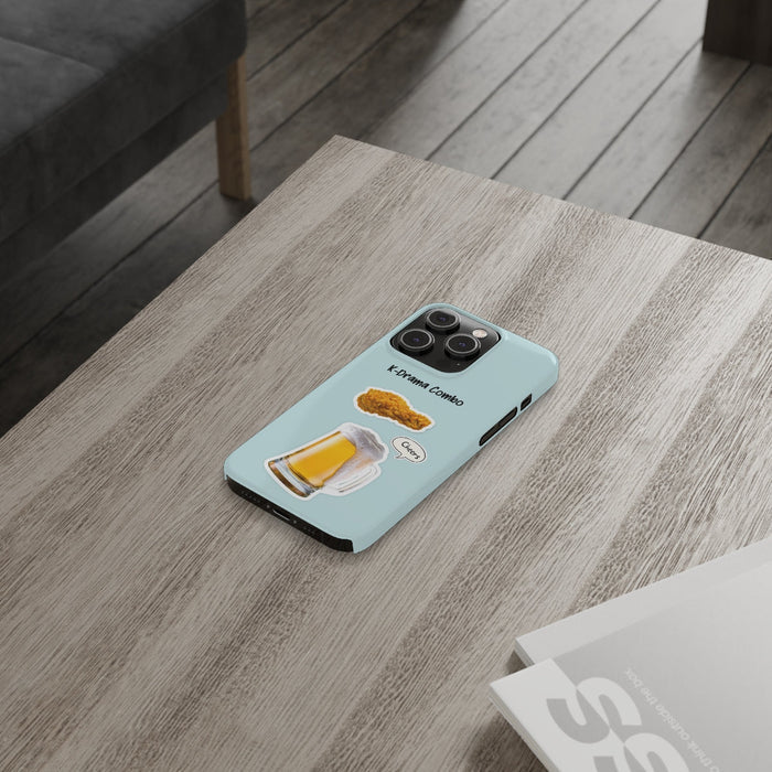 Slim iPhone 14, 14 PRO, 14 PRO MAX Case for Crispy Chicken and Brew Lovers: light blue, black K-drama-themed food and beer il