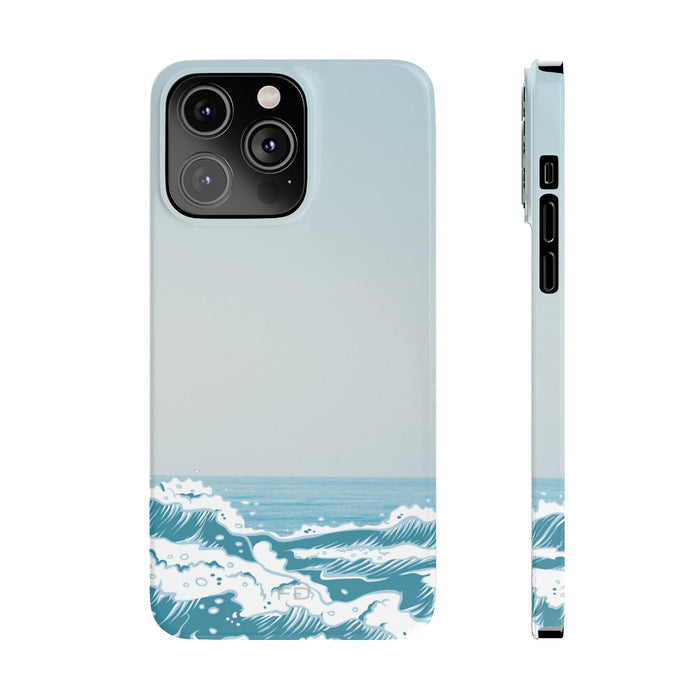 Slim iPhone Case with Wave Design: pale blue, teal blue ocean waves, minimal graphic ocean-inspired style