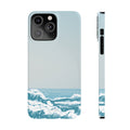 Slim iPhone Case with Wave Design: pale blue, teal blue ocean waves, minimal graphic ocean-inspired style