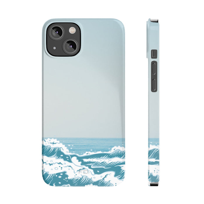 Slim iPhone Case with Wave Design: pale blue, teal blue ocean waves, minimal graphic ocean-inspired style