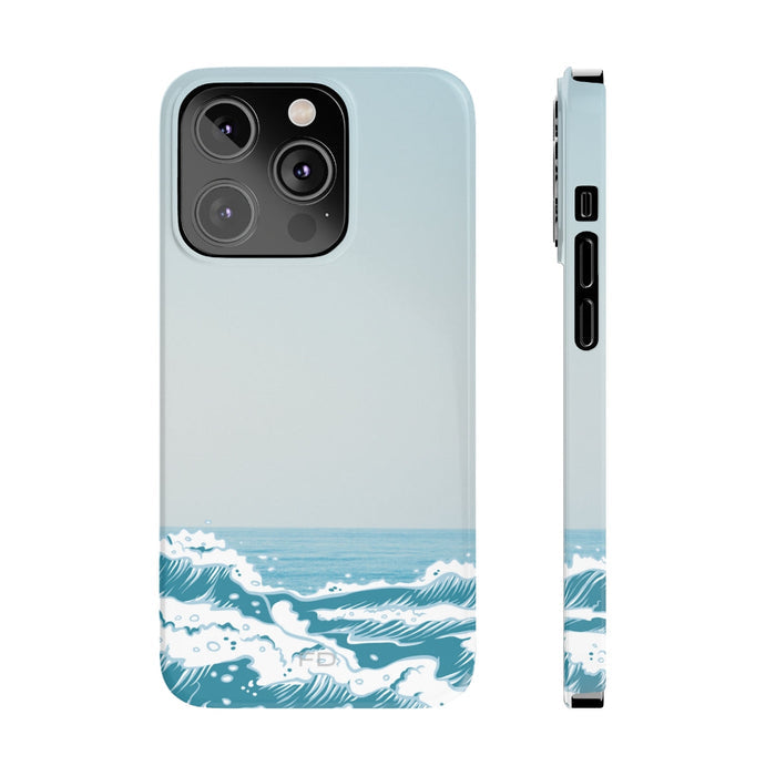 Slim iPhone Case with Wave Design: pale blue, teal blue ocean waves, minimal graphic ocean-inspired style