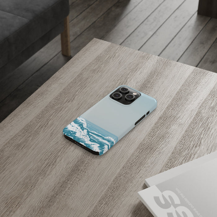 Slim iPhone Case with Wave Design: pale blue, teal blue ocean waves, minimal graphic ocean-inspired style
