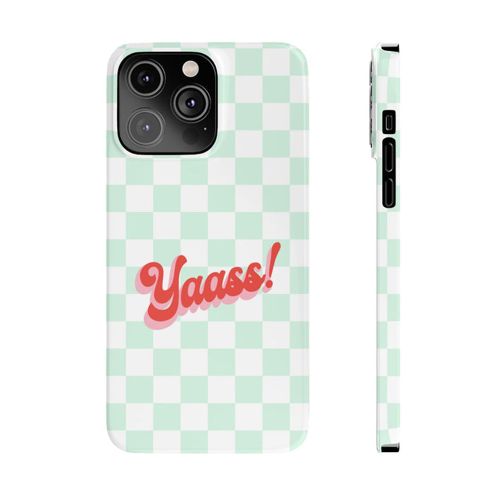 Slim Retro iPhone 14, 14 PRO, and 14 PRO MAX Cover by Yaass: mint green, white phone case, playful graphic style