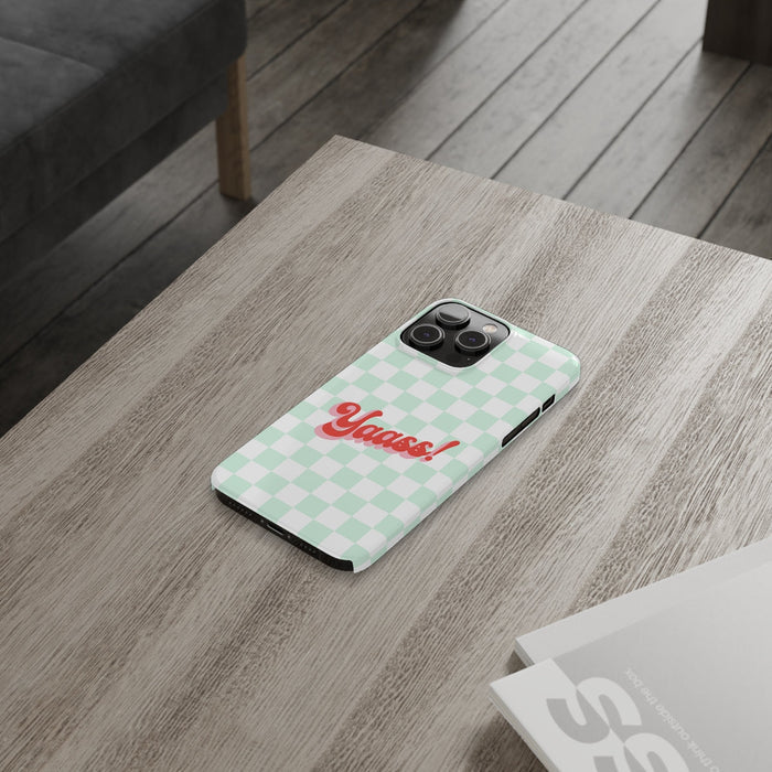 Slim Retro iPhone 14, 14 PRO, and 14 PRO MAX Cover by Yaass: mint green, white phone case, playful graphic style