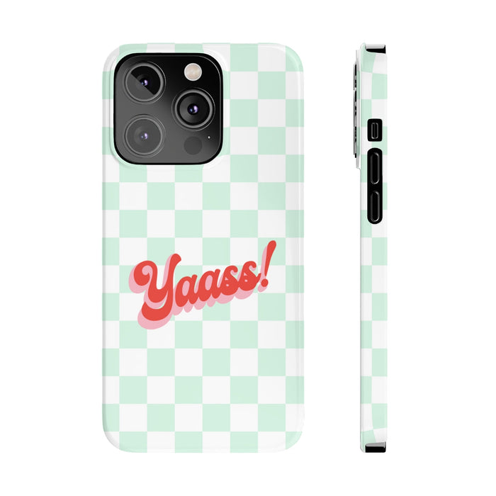 Slim Retro iPhone 14, 14 PRO, and 14 PRO MAX Cover by Yaass: mint green, white phone case, playful graphic style