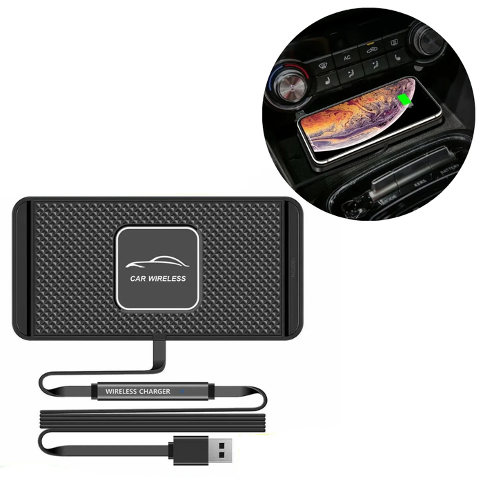 Slip-Resistant Rapid Wireless Charging Pad for Vehicles: black, dark gray car wireless charging pad with USB cable, minimal s