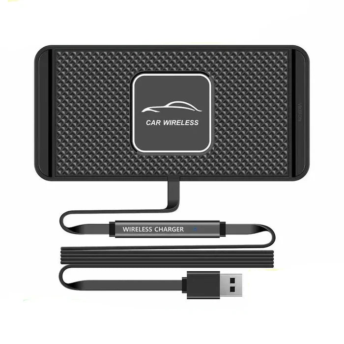 Slip-Resistant Rapid Wireless Charging Pad for Vehicles: black, dark gray car wireless charging pad with USB cable, minimal s