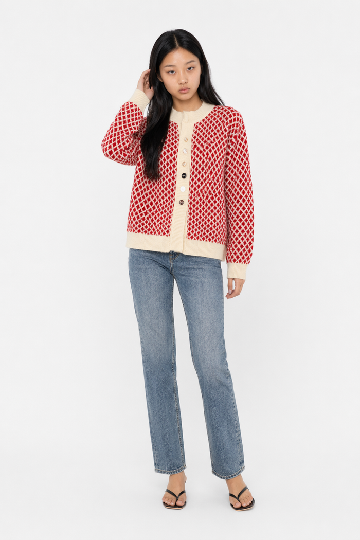 Small Diamond Print Women's Short Cardigan: A Clear Representation of Elegance Red