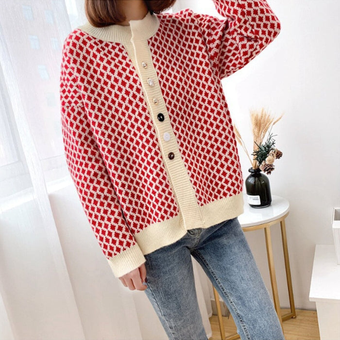 Small Diamond Print Women's Short Cardigan: A Clear Representation of Elegance: red, cream cardigan sweater, casual retro kni