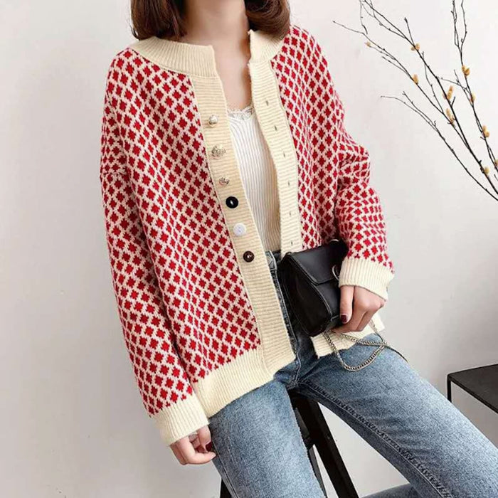 Small Diamond Print Women's Short Cardigan: A Clear Representation of Elegance: red, cream cardigan sweater, casual retro kni