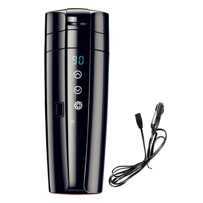 Smart Car Mug with Heating Functionality: black, dark gray electronic handheld device with charging cable, minimal modern sty