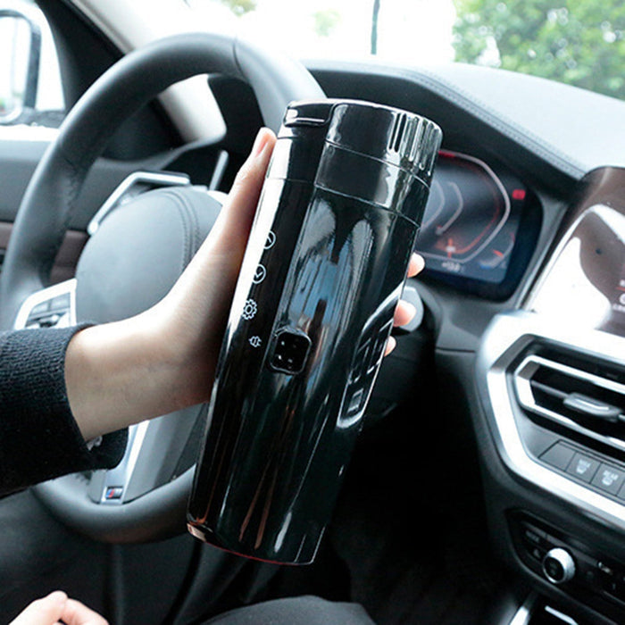 Smart Car Mug with Heating Functionality: black, dark gray electronic handheld device with charging cable, minimal modern sty