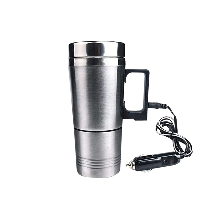 Smart Car Mug with Heating Functionality: black, dark gray electronic handheld device with charging cable, minimal modern sty