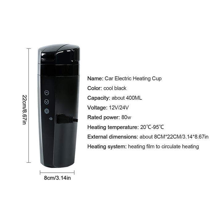 Smart Car Mug with Heating Functionality: black, dark gray electronic handheld device with charging cable, minimal modern sty
