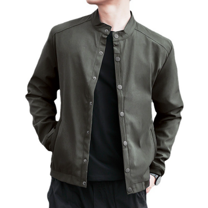 Snap Button Men's Stand Collar Jacket, Retain the essence of the product while providing a distinct variation.: dark olive gr