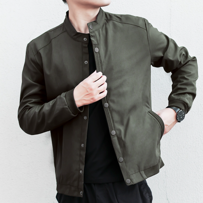 Snap Button Men's Stand Collar Jacket, Retain the essence of the product while providing a distinct variation.: dark olive gr