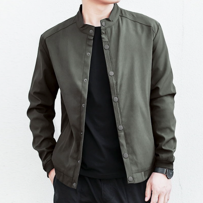 Snap Button Men's Stand Collar Jacket, Retain the essence of the product while providing a distinct variation.: dark olive gr