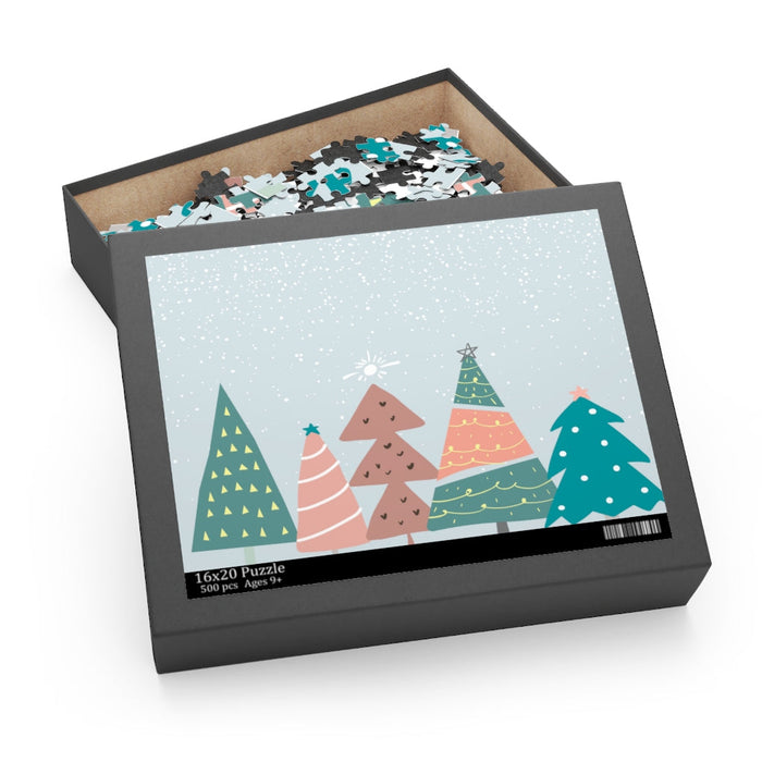 Snowy Christmas Trees Puzzle, 500 Pieces: black, light blue stylized winter forest with trees, minimal cartoon style