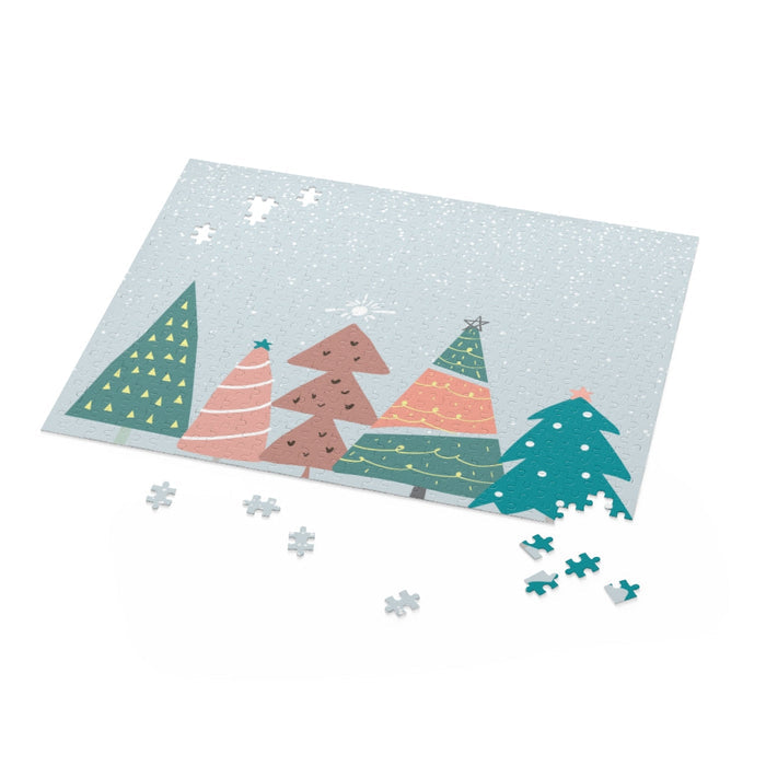 Snowy Christmas Trees Puzzle, 500 Pieces: black, light blue stylized winter forest with trees, minimal cartoon style