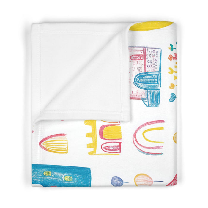Soft Fleece Baby Blanket with a Castle of Crayons: white, blue storybook castles and houses, whimsical cartoon style