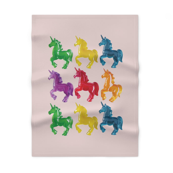 Soft Fleece Baby Blanket with Delightful Unicorn Design: pale pink, green unicorns, cartoon style