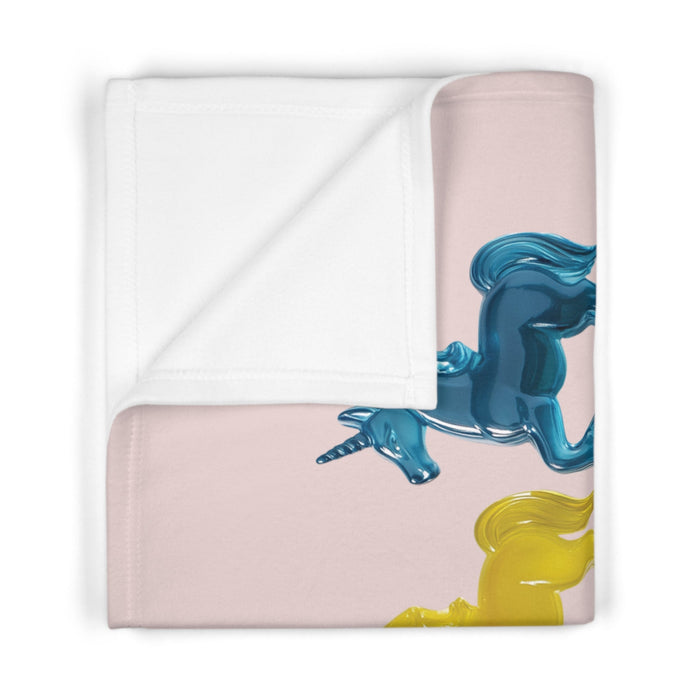 Soft Fleece Baby Blanket with Delightful Unicorn Design: pale pink, green unicorns, cartoon style