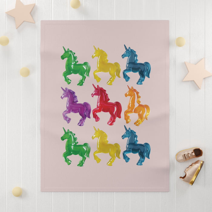 Soft Fleece Baby Blanket with Delightful Unicorn Design: pale pink, green unicorns, cartoon style