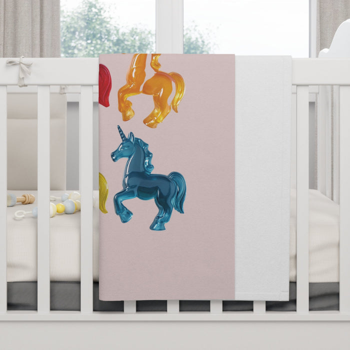 Soft Fleece Baby Blanket with Delightful Unicorn Design: pale pink, green unicorns, cartoon style