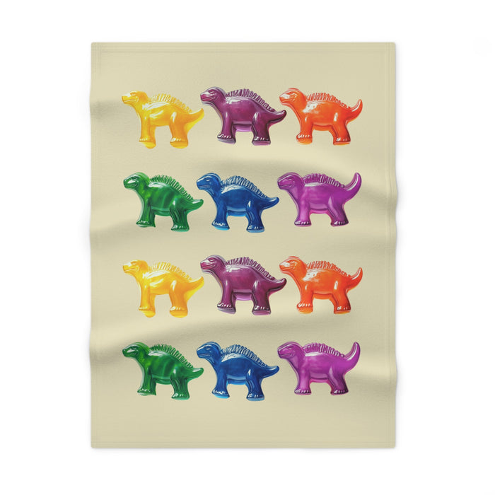 Soft Fleece Baby Blanket with Gummy Dinosaur Design: yellow, purple dinosaurs, cartoon style