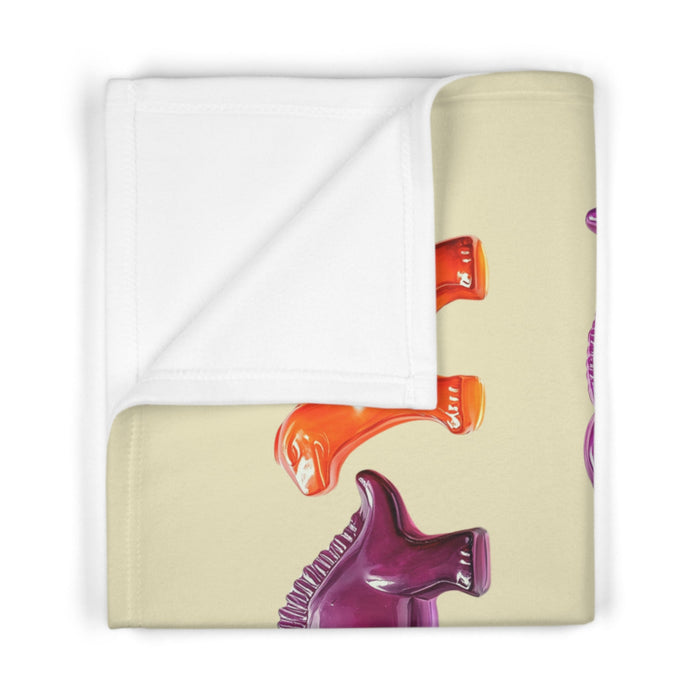 Soft Fleece Baby Blanket with Gummy Dinosaur Design: yellow, purple dinosaurs, cartoon style