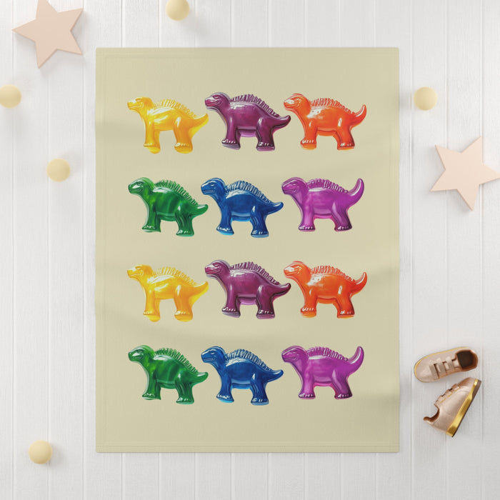 Soft Fleece Baby Blanket with Gummy Dinosaur Design: yellow, purple dinosaurs, cartoon style
