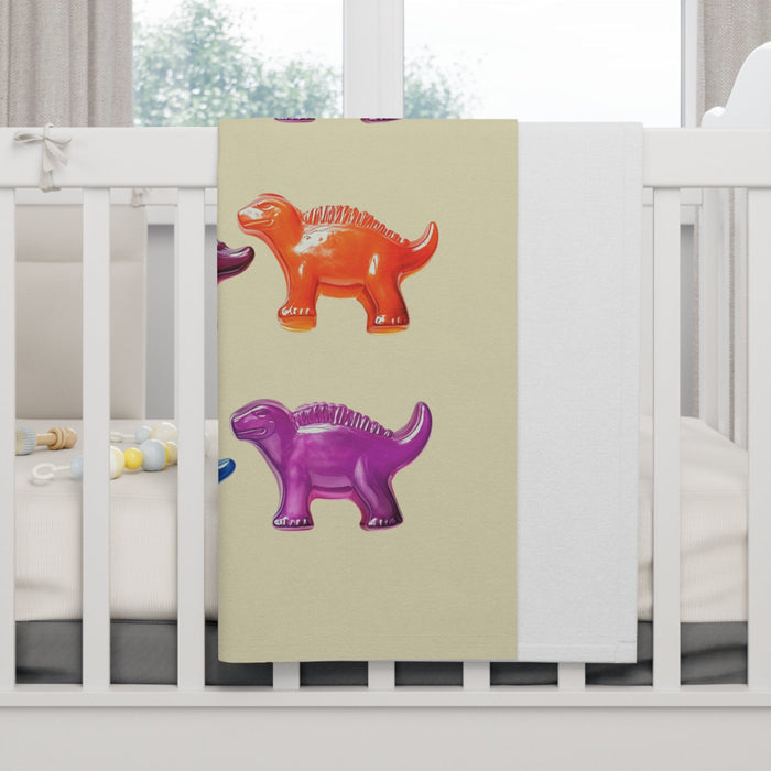 Soft Fleece Baby Blanket with Gummy Dinosaur Design: yellow, purple dinosaurs, cartoon style