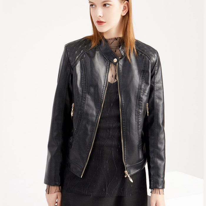 Soft Quilted Faux Leather Jacket for Women: black, gold-tone metal jacket, biker moto style
