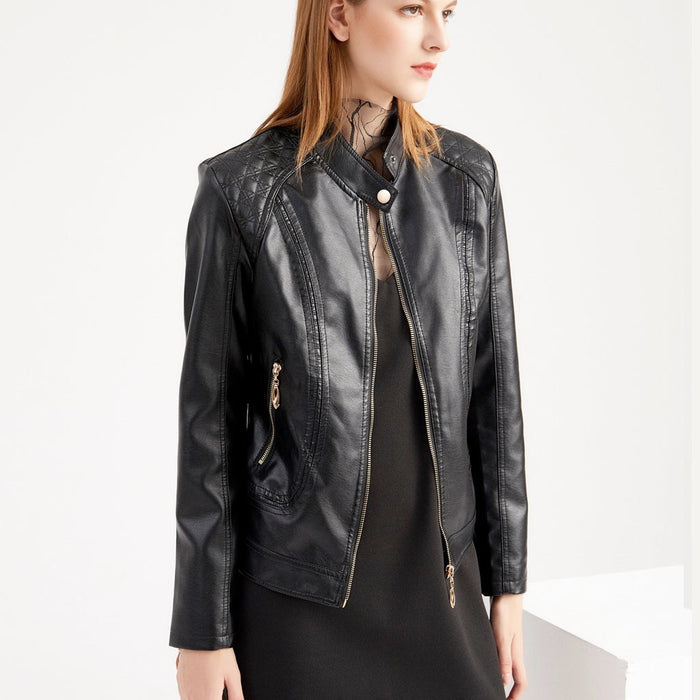 Soft Quilted Faux Leather Jacket for Women: black, gold-tone metal jacket, biker moto style